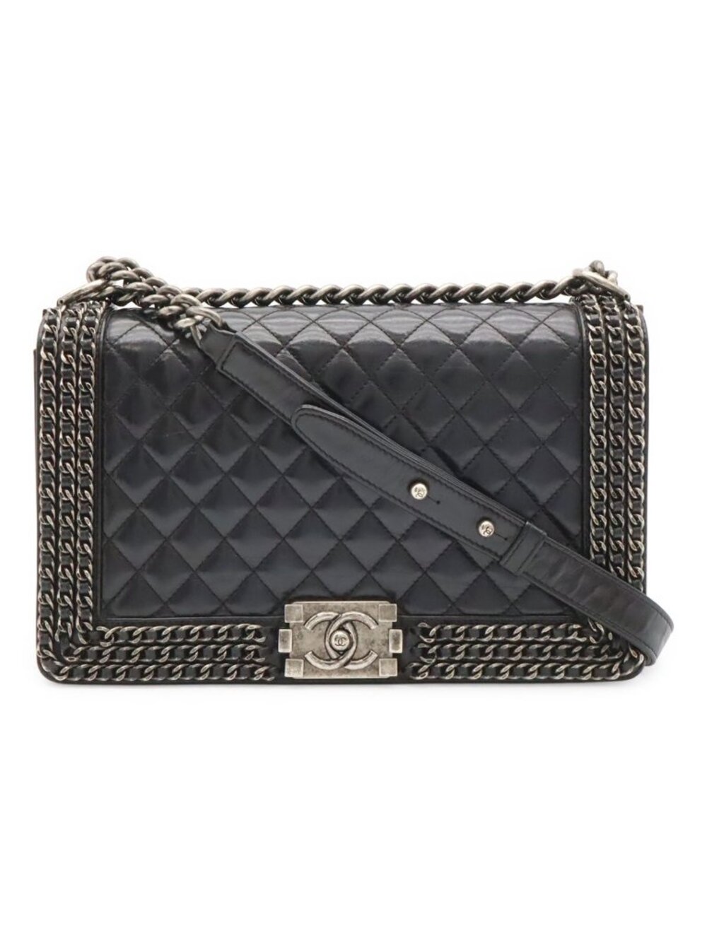 Chanel Boy Quilted CC Logo Chain Shoulder Bag Crossbody Leather Dark Navy Silver